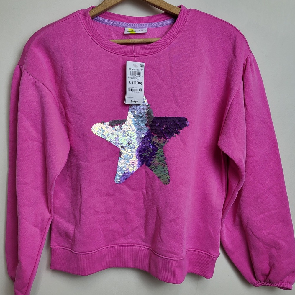 Epic Threads Girls Size L (14-16) Pink Fleece Sweatshirt Sequin‎ Star Cozy Top